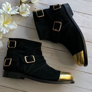 BALMAIN x HM Suede Leather Gold Toe Biker Boots